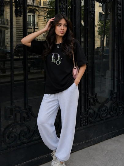 Женский костюм oversize Dior двойка, футболка и джоггеры — FERUZA2-ДИОР-ЧЕРН-Freesize