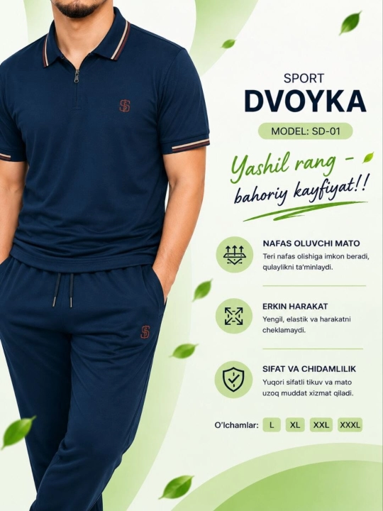 Erkaklar uchun sport dvoyka, polo futbolka va shim komplekti, yozgi qulay dvoyka - 