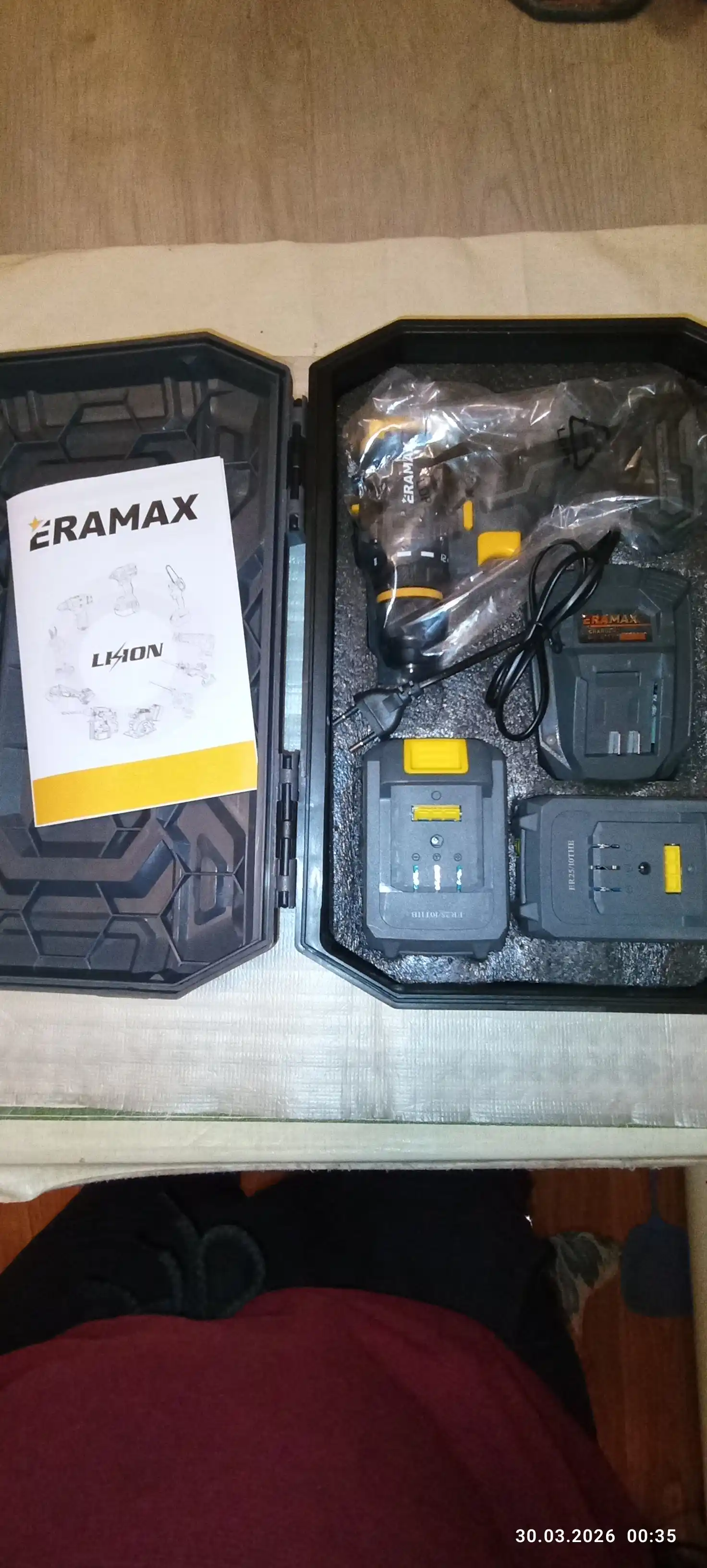 Eramax akkumulyatorli shurup buragich, cho‘tkasiz, zaryad indikatoriga ega drel