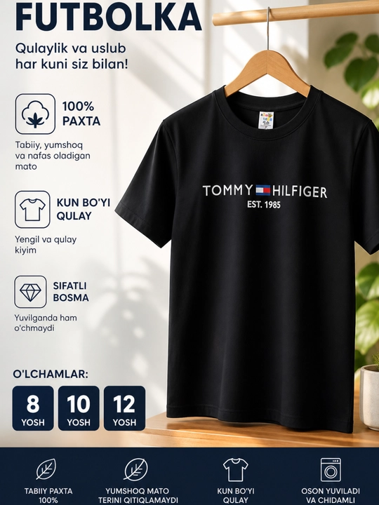 O‘g‘il bolalar uchun futbolka, 100% paxta, 10-12 yosh