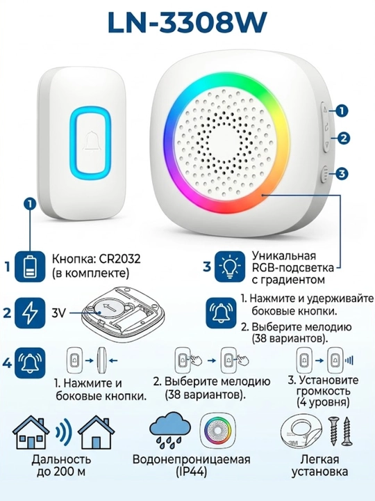 RGB yoritgichli simsiz eshik jiringlagichi LN-3308W White - 