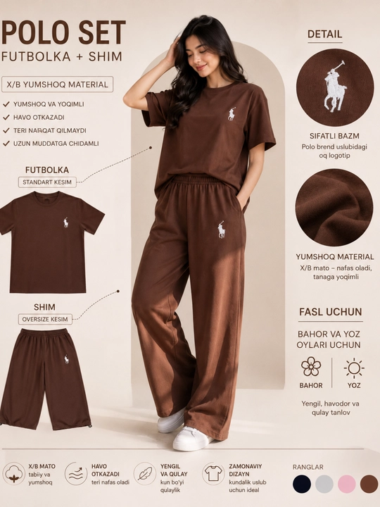 Futbolka va polo uslubidagi keng shimlar — oversize
