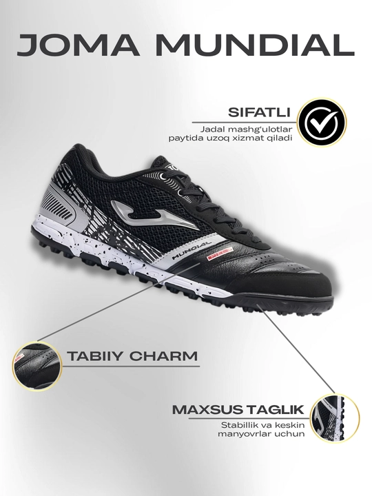 Erkaklar uchun Joma Mundial 26 TF sun'iy qoplamali maydon uchun butsalar, qora rangda