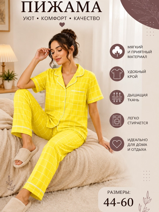 Ayollar pijamasi, shim va kalta yengli ko'ylak bilan, qulay va yengil - 