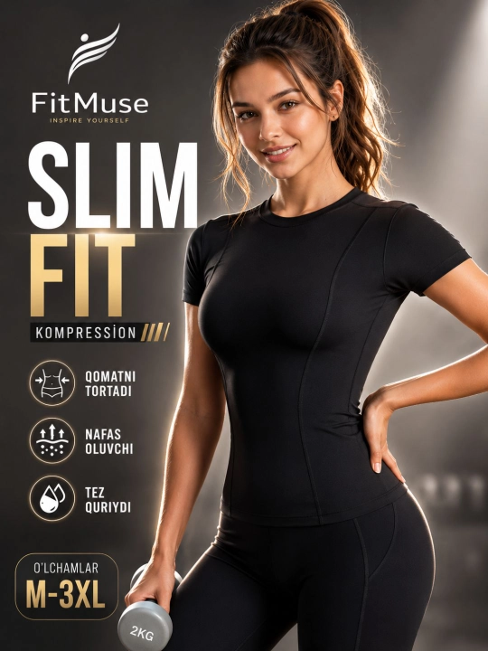 Женская компрессионная футболка Slim Fit для фитнеса и спорта FITMUSE, дышащая утягивающая - 