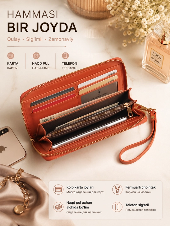 Ayollar hamyoni va portmone — zamonaviy qora clutch, kundalik aksessuar