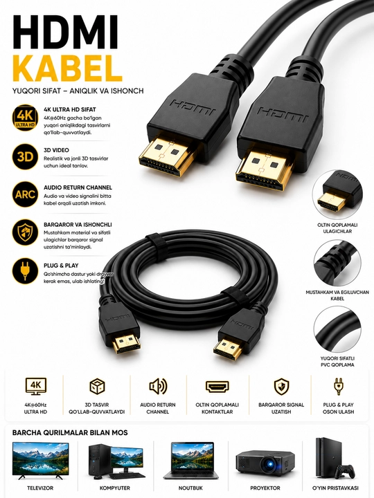 HDMI kabel TV va kompyuter uchun 4K - 