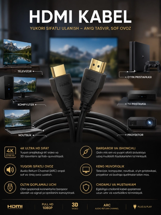 HDMI kabel TV va kompyuter uchun 4K
