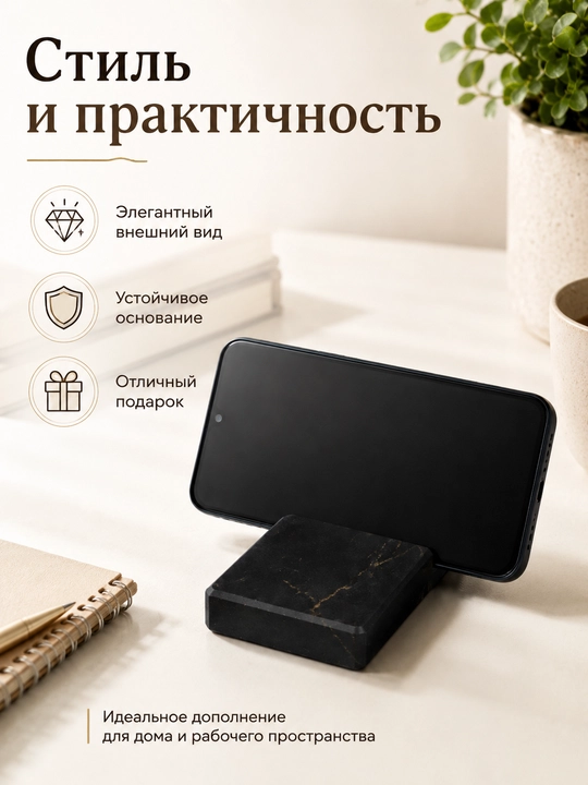 Подставка для телефона, кварцевый агломерат, темно-коричневый с прожилками, настольная