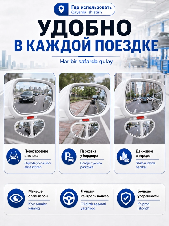 Зеркала слепой зоны и парковки для авто с регулировкой угла, крепление на боковое зеркало