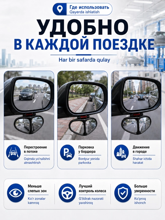 Зеркала слепой зоны и парковки для авто с регулировкой угла, крепление на боковое зеркало