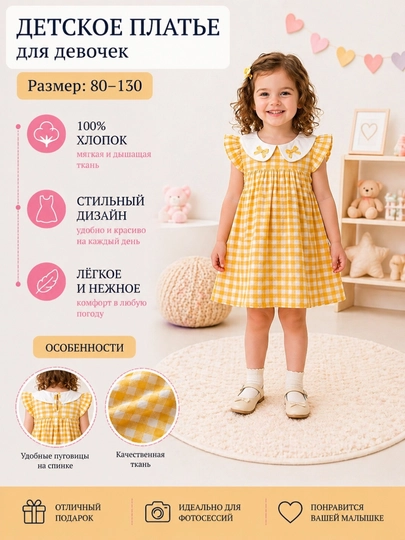 Детское платье для девочки, нарядное летнее платье, хлопок 1-5 лет
