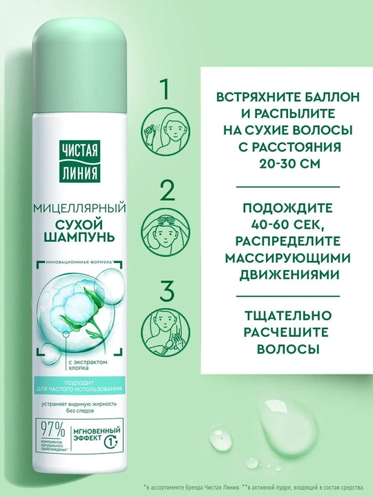 Toza liniya, paxta ekstrakti qo‘shilgan quruq shampun, 200 ml