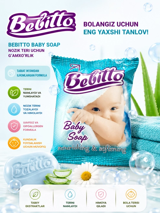 BEBITTO Baby Soap 100 gr — bolalar uchun yumshoq va xavfsiz sovun | allergenlarsiz - 