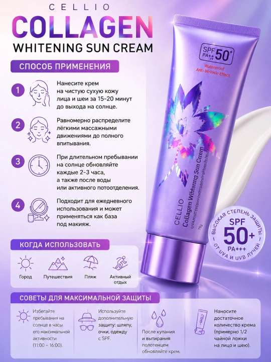 Sun Cream SPF50+  солнцезащитный крем с коллагеном, увлажнение и защита 70г