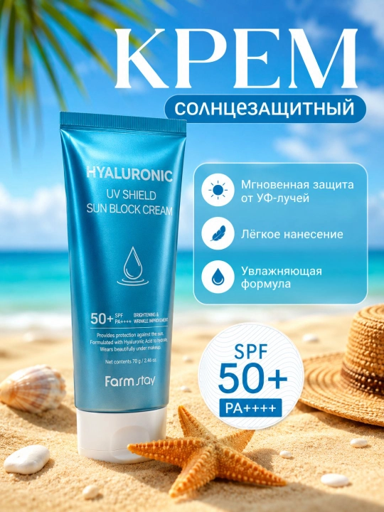 Увлажняющий солнцезащитный крем FarmStay Hyaluronic UV Shield Sun Block Cream, SPF50+, PA++++ - 