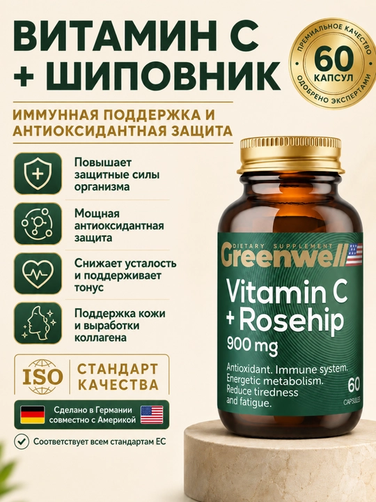 Greenwell Витамин С + шиповник, для иммунитета и антиоксидантной защиты, 60 капсул