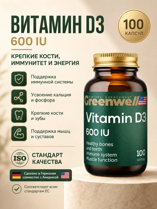 Greenwell Витамин Д3 600 ME, 100 капсул – для иммунитета и костей