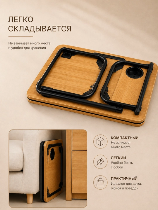Столик для ноутбука складной с подстаканником до 10 кг, для дома. Мини стол для завтрака