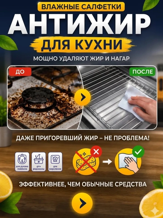 Anti-yog‘ ko‘p maqsadli nam salfetkalar, moy, yog‘ va kirlarni tozalashga, 40-80 dona