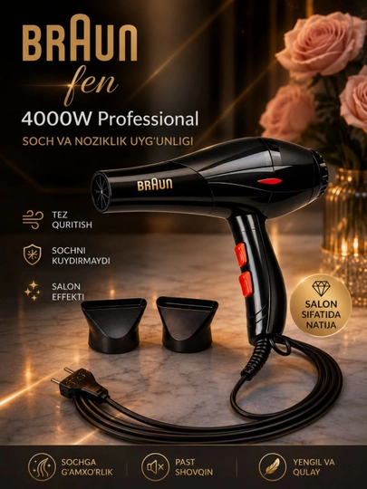 Фен Braun BR-6012, 4000 Вт, 2 насадки, профессиональный фен, в подарок — ELKTRNK-BRAUNBR6012