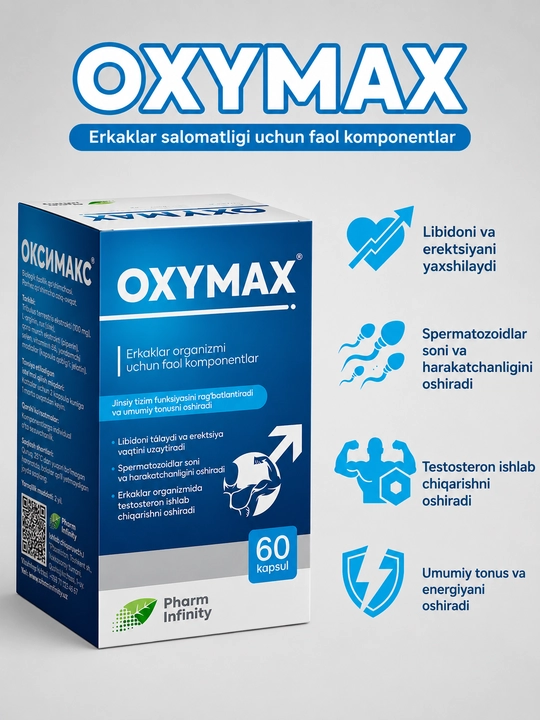 BFQ Oxymax 60 kapsulalari, erkak salomatligi va testosteron darajasini oshirish uchun