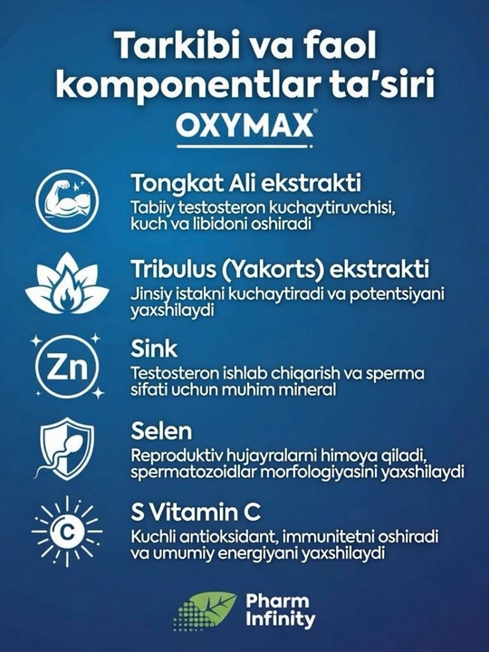 BFQ Oxymax 60 kapsulalari, erkak salomatligi va testosteron darajasini oshirish uchun