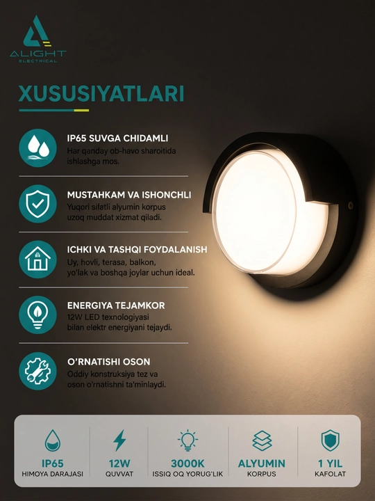 Devor chiroq, tashqi va ichki yoritish uchun fasad chirog'i, namlikdan himoyalangan, IP65