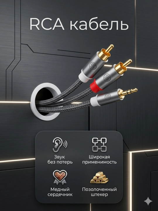 Кабель RCA - Jack 3.5, аудиокабель mini Jack 3.5 - 2 RCA, AUX - RCA - 