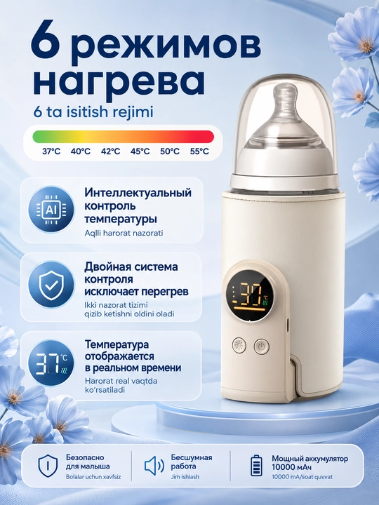 Подогреватель детского питания и молока, 6 режимов, 10000мАч, Type-C, адаптер зарядки 18Вт