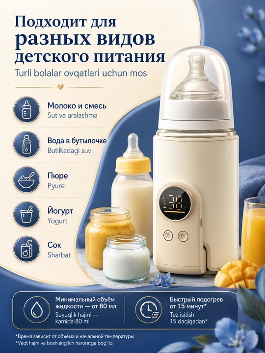 Подогреватель детского питания и молока, 6 режимов, 10000мАч, Type-C, адаптер зарядки 18Вт