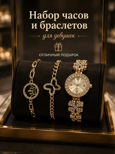 Женский набор часы и 2 браслета, стильный аксессуар и идеальный подарок — 01802-SOATBRASLET-ЗОЛОТ