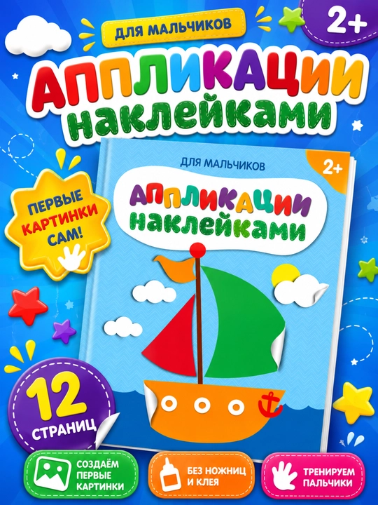 Yopishqoq applikatsiyalar, qaychisiz, yelimsiz, 2+ - 