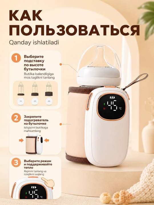 Bolalar ovqati va sut isitkich, 6 rejim, 8000 mA/soat, Type-C, 18 Vt adapter - 