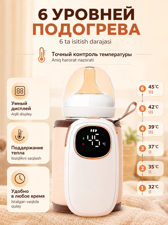 Подогреватель детского питания и молока, 6 режимов, 8000мАч, Type-C, адаптер зарядки 18Вт