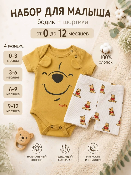 Боди комплект Винни Пух, для новорожденных мальчиков и девочек