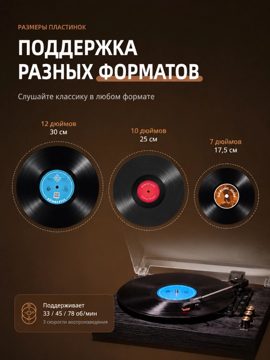Виниловый проигрыватель с Bluetooth 5.4, встроенными динамиками и поддержкой 3 скоростей