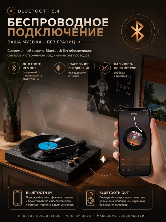 Виниловый проигрыватель с Bluetooth 5.4, встроенными динамиками и поддержкой 3 скоростей