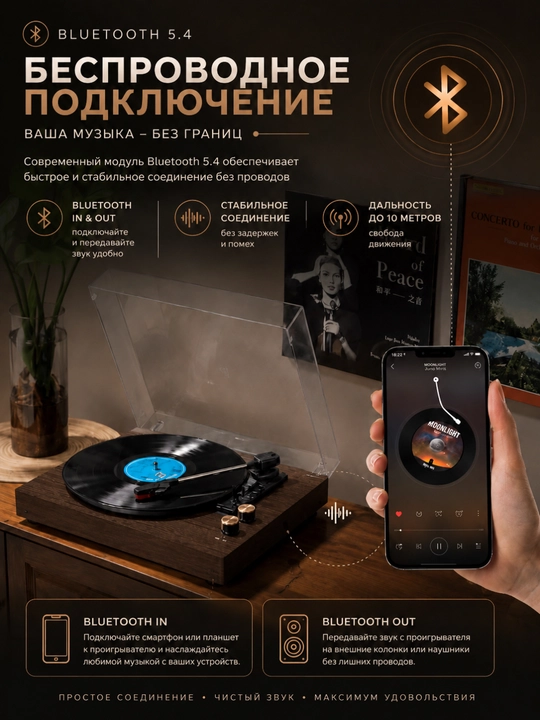 Виниловый проигрыватель с Bluetooth 5.4, встроенными динамиками и поддержкой 3 скоростей