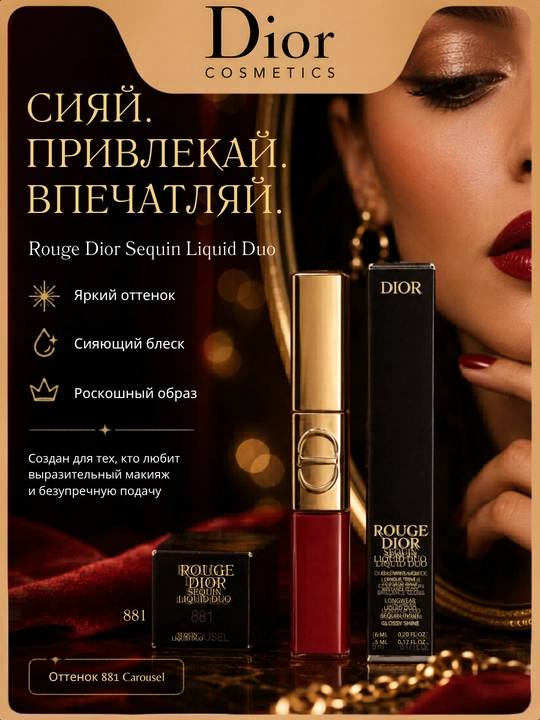 Блеск-помада Dior Liquid Sequin 881 Carouse - эффект блеска и комфорт на губах - 