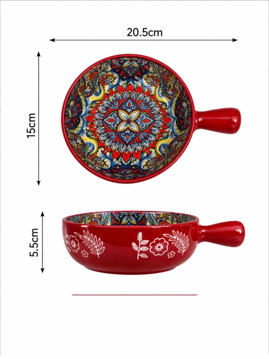 Керамическая салатная миска с узором и ручкой
