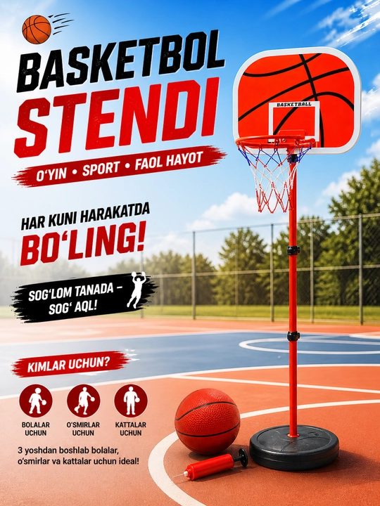 Ustundagi bolalar basketbol halqasi, osma shit, basketbol to‘pi - 