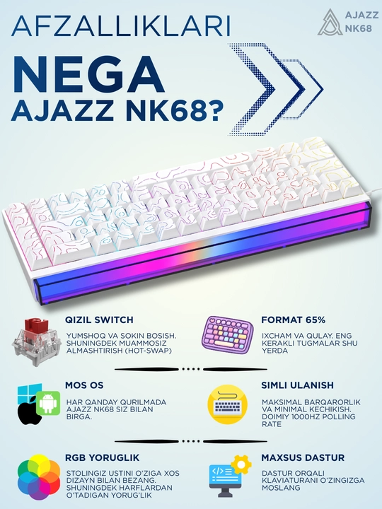 Geymerlar uchun RGB yoritilgan AJAZZ o‘yin klaviaturasi mexanik / membranali