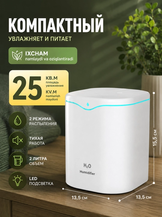 Uy va ofis uchun Bliss Home ultratovushli havo namlagichi, tungi chiroq, 2 litrli aromadiffuzor