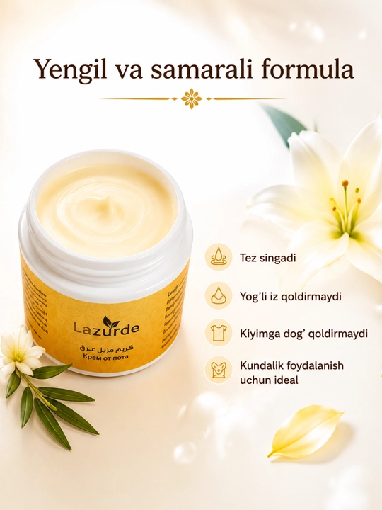 Lazurde Ayollar uchun dezodorant, ter hidiga qarshi antiperspirant krem, 50 gr