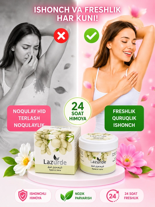 Lazurde ayollar uchun dezodorant, ter hidiga qarshi antiperspirant krem, 50 gr