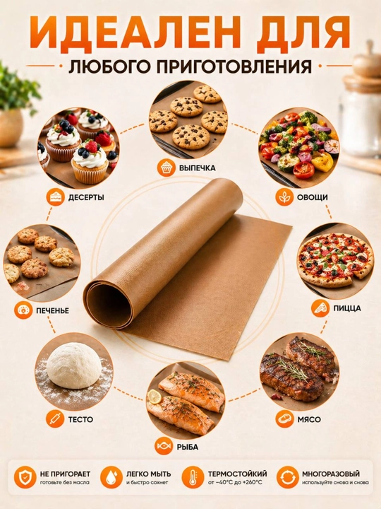 Teflon mat 40x60 sm yopishmaydigan, qayta ishlatiladigan pergament