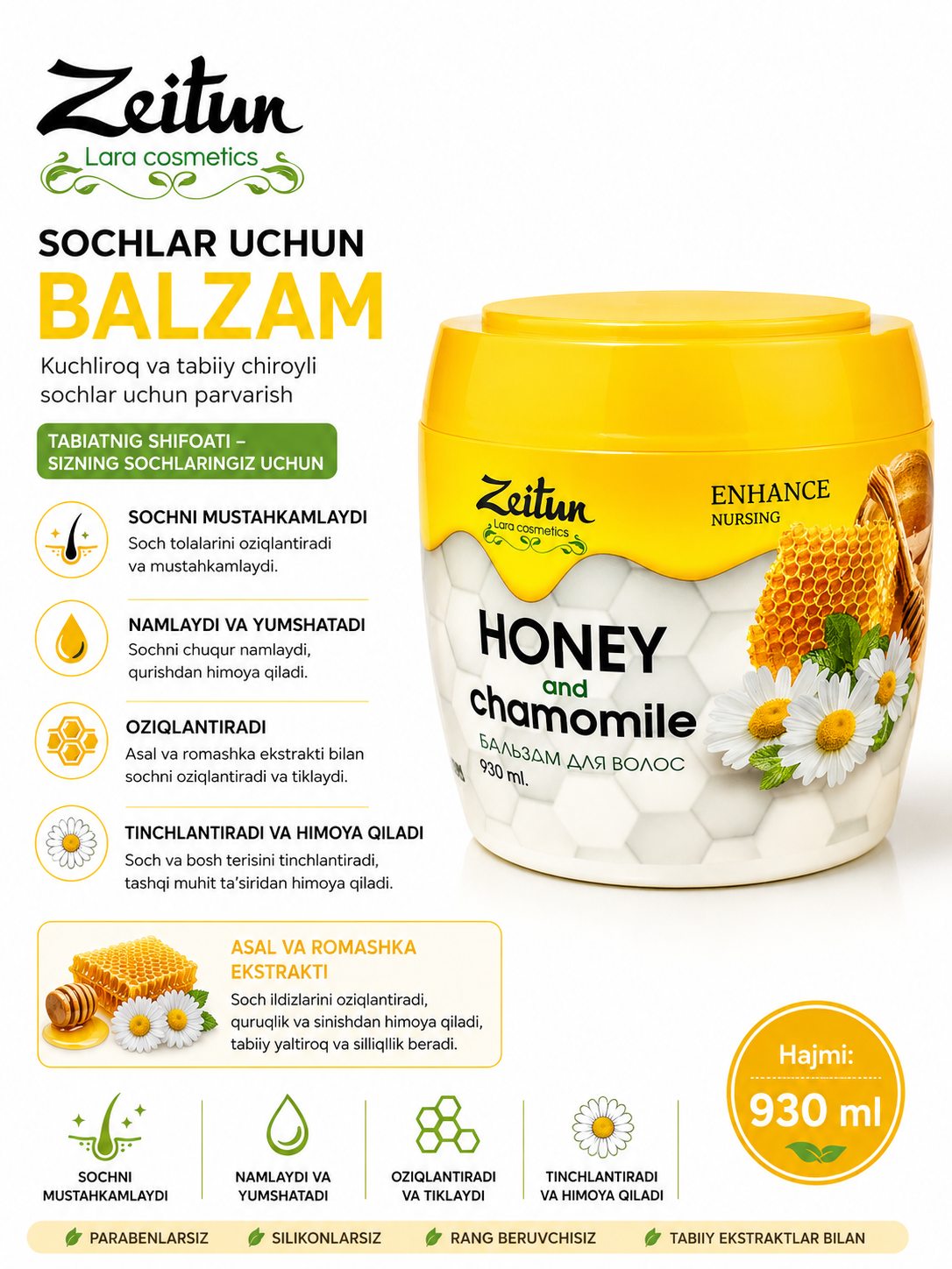 Sochlar uchun Balzam – Zeitun  Tabiy balzam, sochlarni oziqlantiradi va jilovlaydi Silliq - 