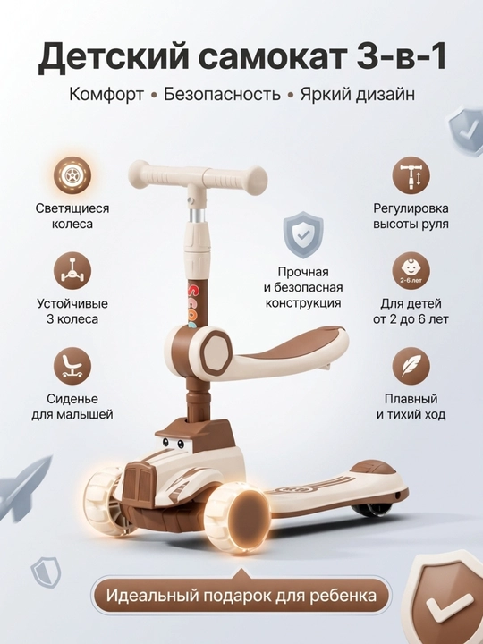 Детский самокат со светящимися колесами, трехколесный скутер складной