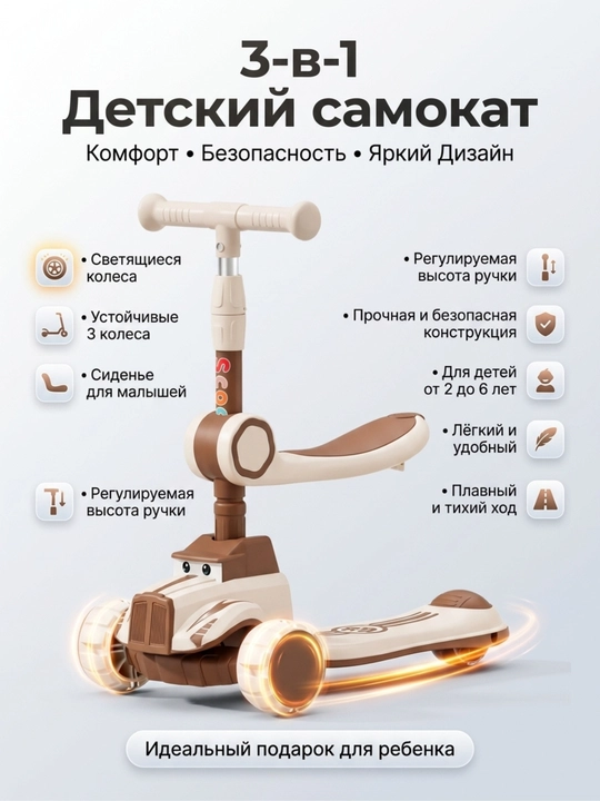 Детский самокат со светящимися колесами, трехколесный скутер складной